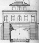 Schéma des stations à cheval sur les voies de la Petite Ceinture Rive Gauche. Élévation du côté des voies. {JPEG}